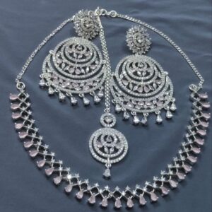 American Diamond Sleek Necklace with Tikka & Heavy Earrings