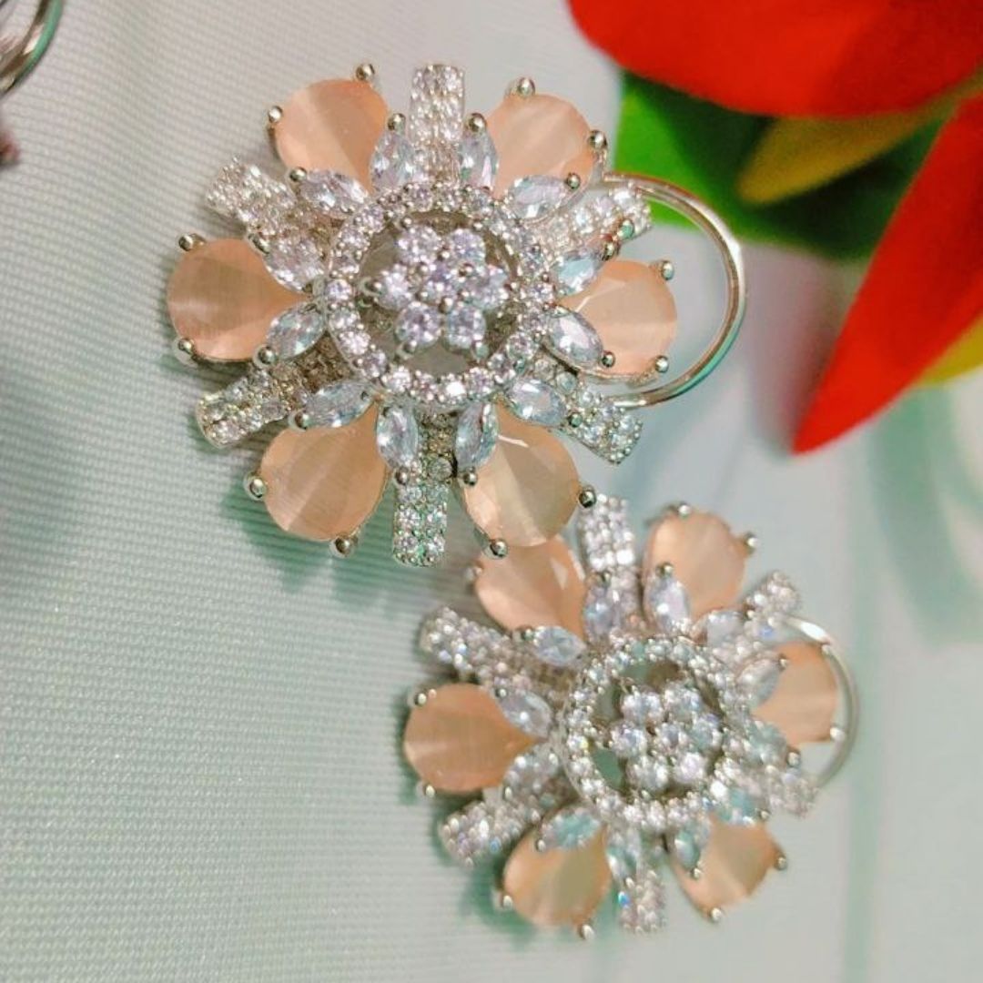 Soft Blush Petal Floral Earrings with American Diamonds