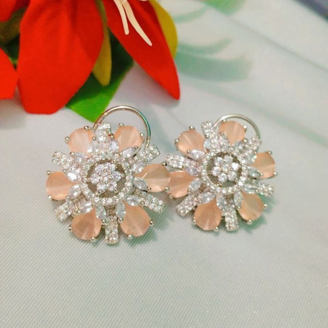 Soft Blush Petal Floral Earrings with American Diamonds - Image 3