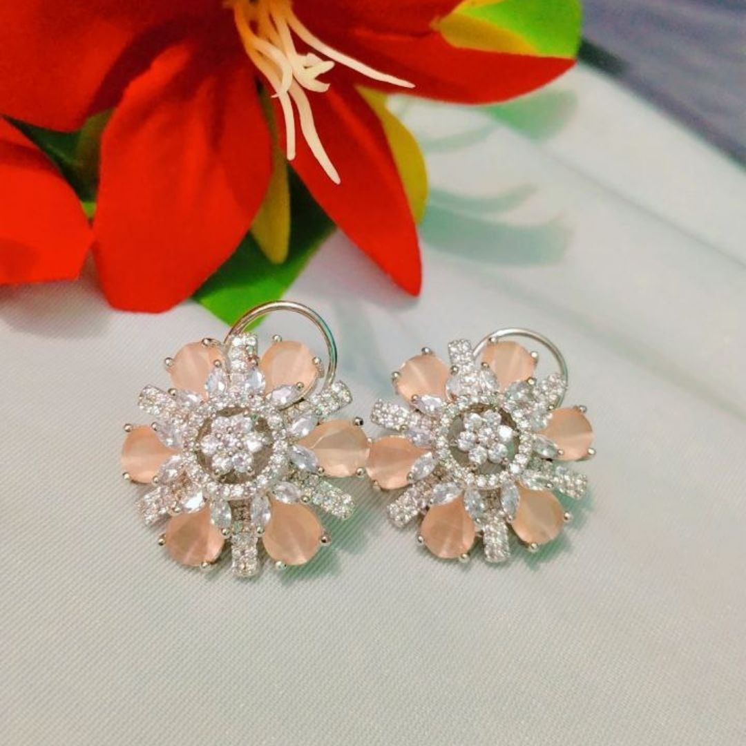 Soft Blush Petal Floral Earrings with American Diamonds - Image 2