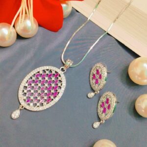 American Diamond Pendant Set with Earrings on Brass