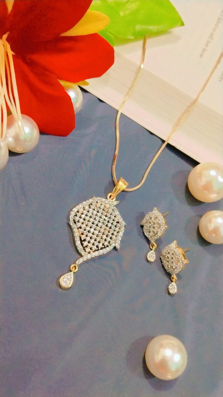 American Diamond Pendant Set with Earrings on Brass