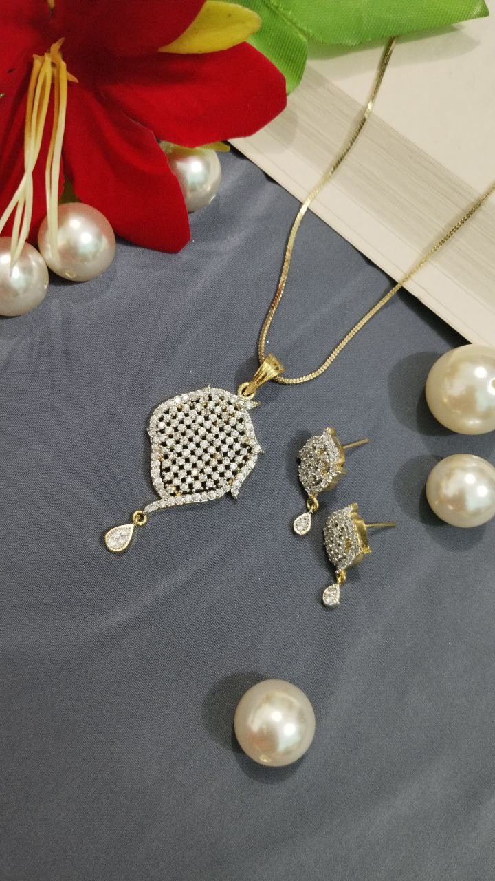 American Diamond Pendant Set with Earrings on Brass - Image 2