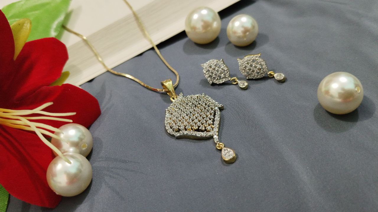 American Diamond Pendant Set with Earrings on Brass - Image 3