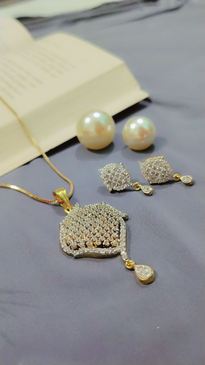 American Diamond Pendant Set with Earrings on Brass - Image 4