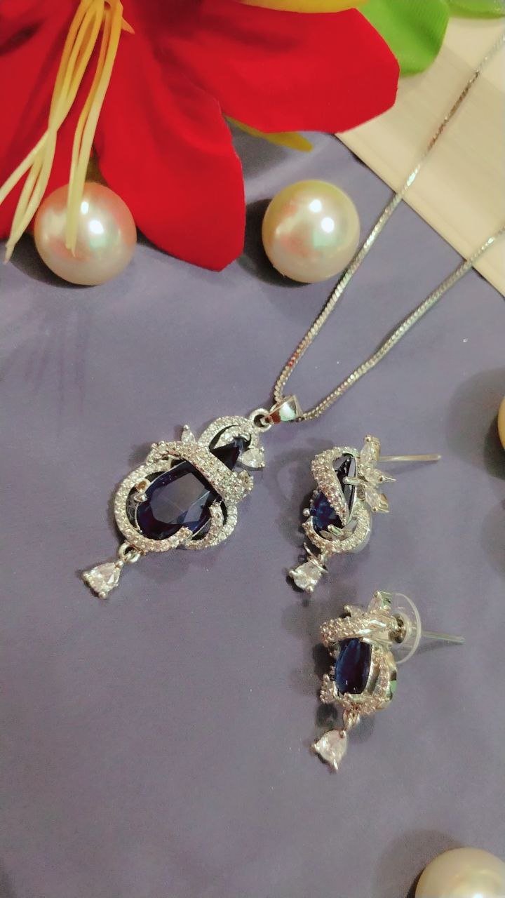 American Diamond Pendant Set with Earrings on Brass - Image 2