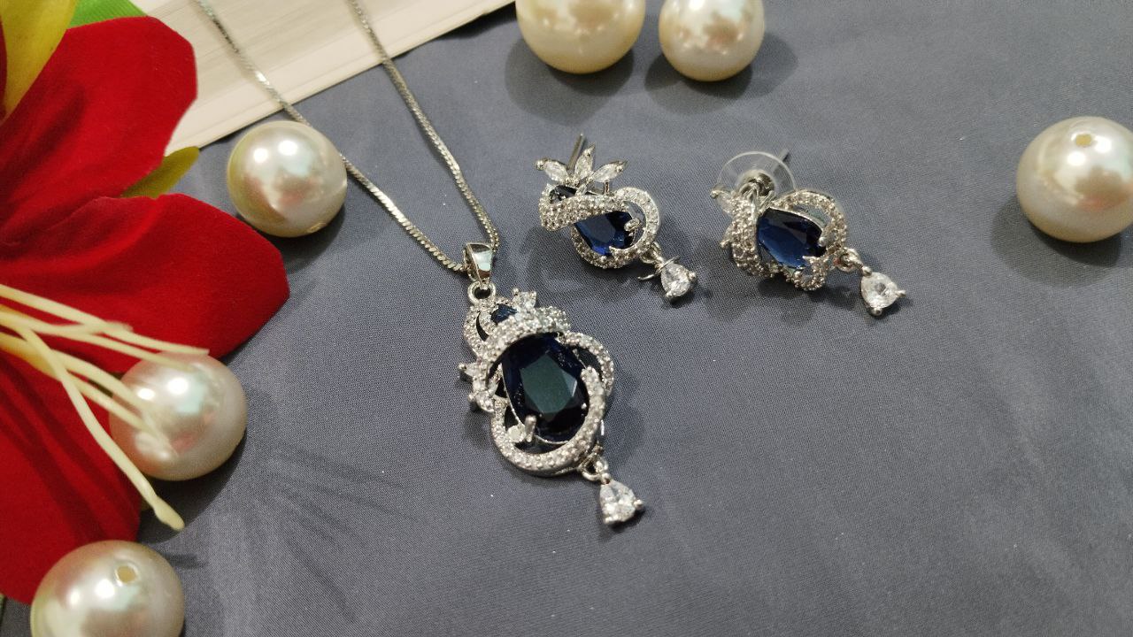 American Diamond Pendant Set with Earrings on Brass - Image 3