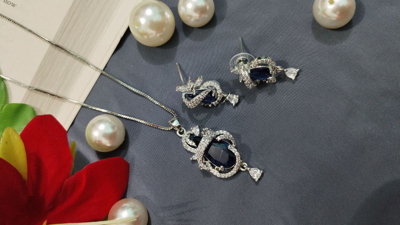 American Diamond Pendant Set with Earrings on Brass - Image 4