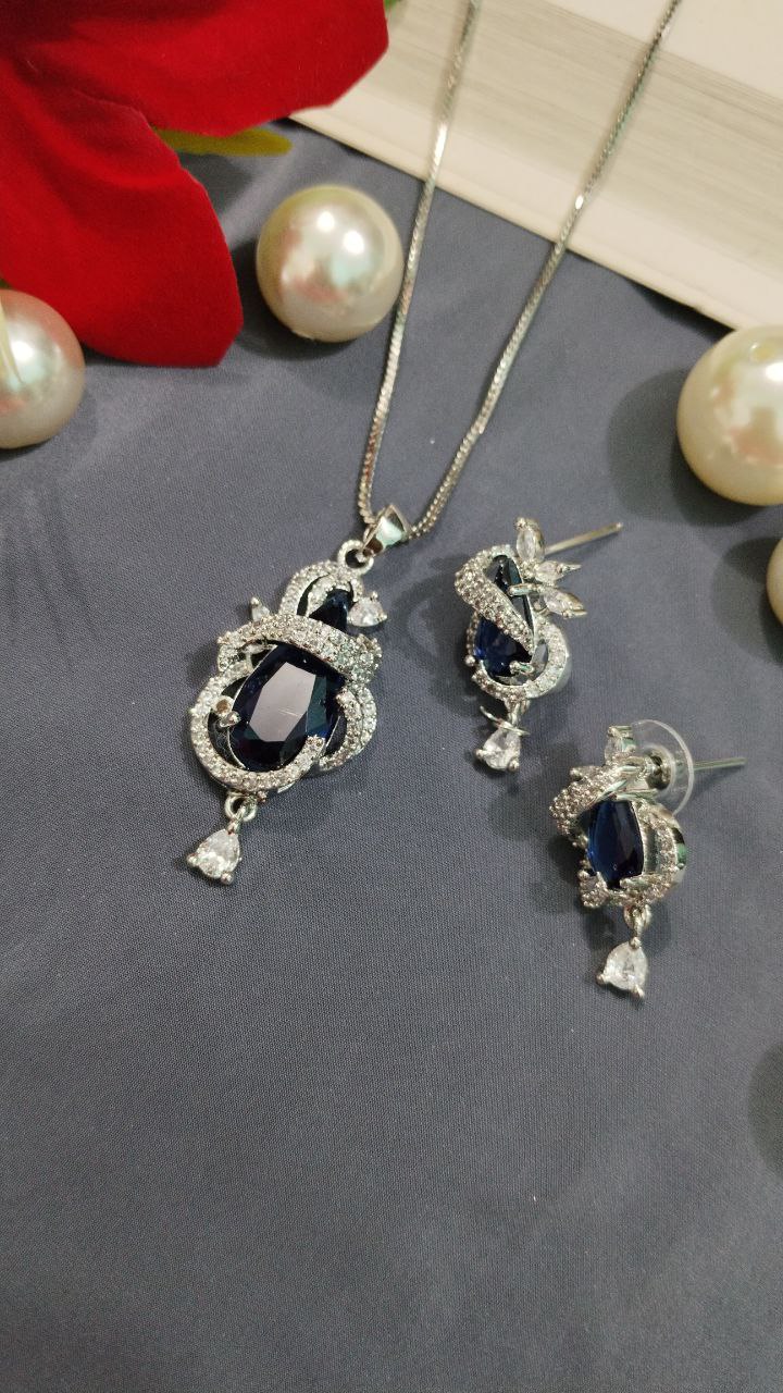 American Diamond Pendant Set with Earrings on Brass