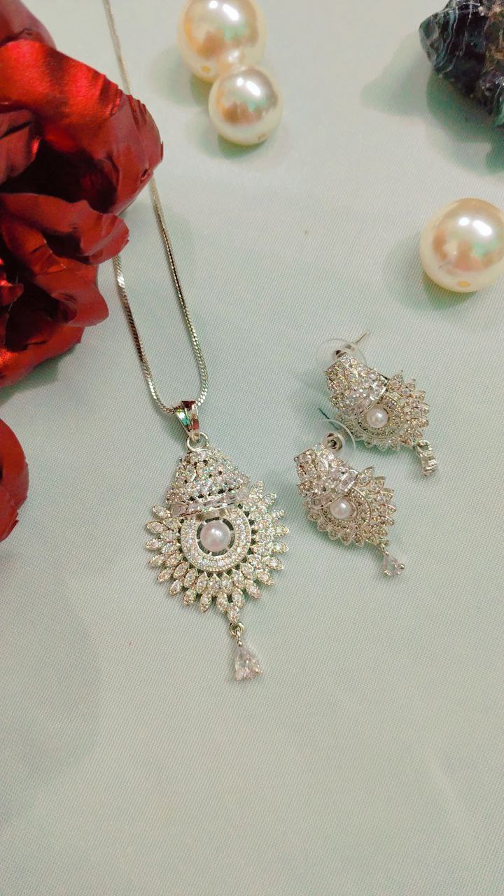 American Diamond Pendant Set with Earrings on Brass - Image 3