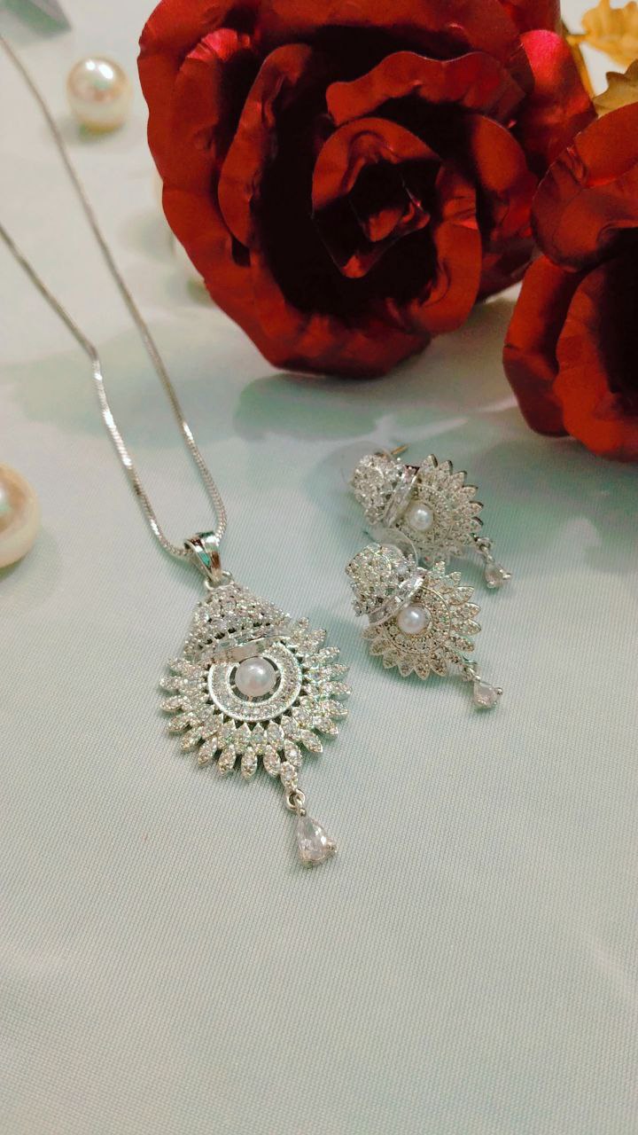 American Diamond Pendant Set with Earrings on Brass