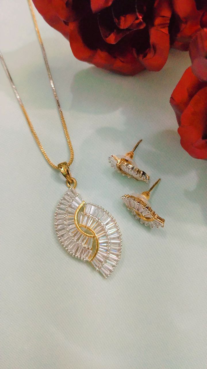 American Diamond Pendant Set with Earrings on Brass