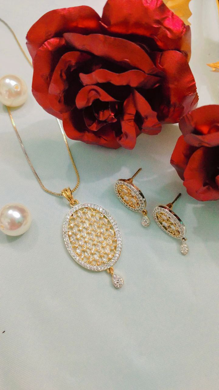 American Diamond Pendant Set with Earrings on Brass