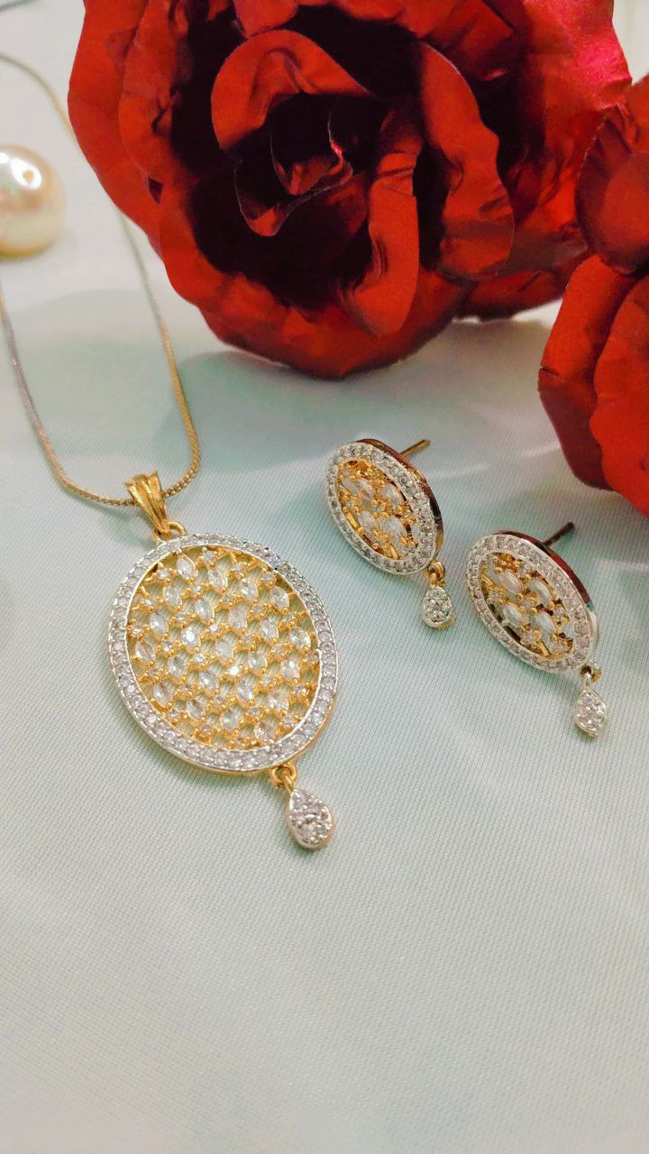 American Diamond Pendant Set with Earrings on Brass - Image 2