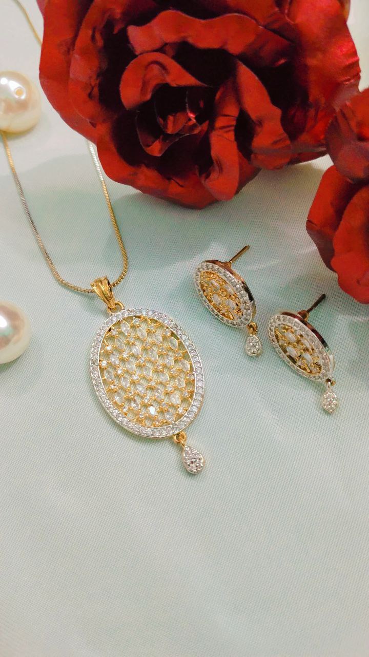 American Diamond Pendant Set with Earrings on Brass - Image 3