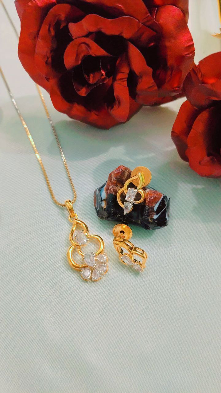 American Diamond Pendant Set with Earrings on Brass