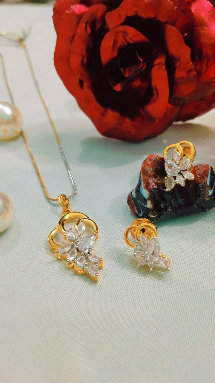 American Diamond Pendant Set with Earrings on Brass