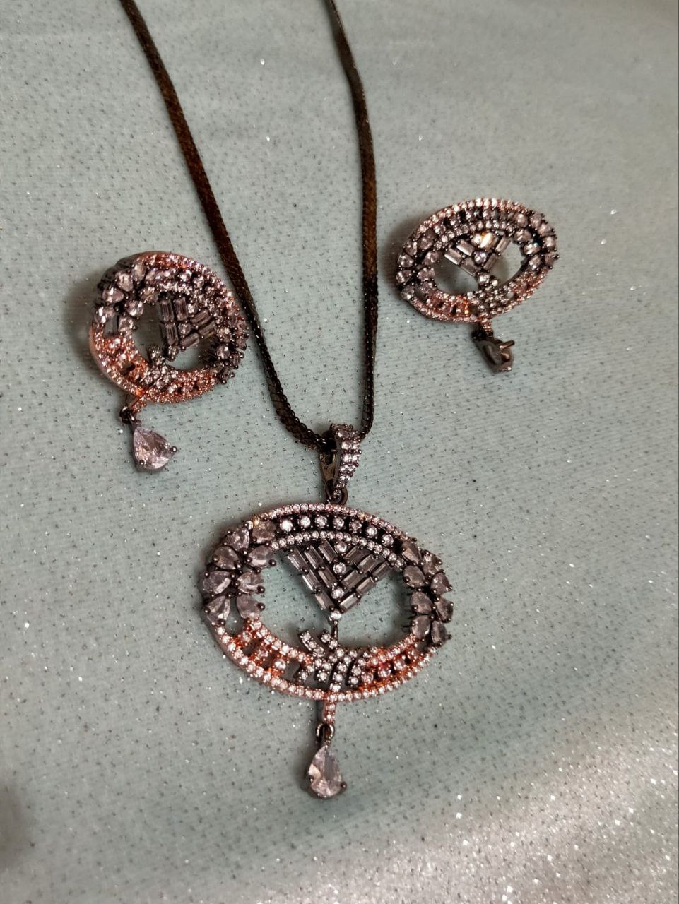 American Diamond Pendant Set – Victorian Polish | Antique-Style Jewelry for Women | Elegant Pendant with Matching Earrings - Image 3