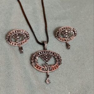 American Diamond Pendant Set – Victorian Polish | Antique-Style Jewelry for Women | Elegant Pendant with Matching Earrings