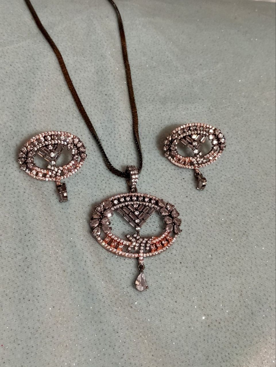 American Diamond Pendant Set – Victorian Polish | Antique-Style Jewelry for Women | Elegant Pendant with Matching Earrings